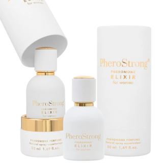 Två vit- och guldfärgade glasflaskor med Feromonparfym Elixir Women 50ml, den ena förpackad i en matchande cylindrisk behållare.