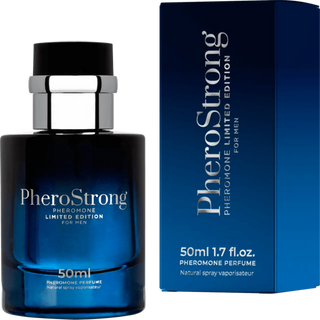 50ml PheroStrong Limited Edition för Män-flaska i blått glas med silverlock, bredvid den matchande blå kartongen.