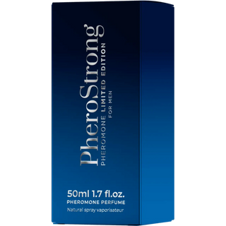 Blå rektangulär ask märkt PheroStrong Limited Edition för Män, 50ml, för feromonparfym, naturlig spray.