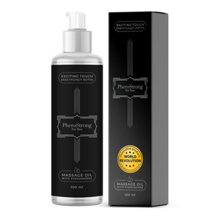 PheroStrong Massage Oil Men, 100ml flaska med matchande låda, båda i mörka färger, visas på en vit bakgrund.