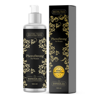 PheroStrong Massage Oil Women 100 ml i en svart och guldfärgad flaska med blommönster, visas med matchande ask.