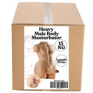 Onaniprodukt i form av en manlig överkropp i förpackning, tillverkad av mjukt TPE-material, hudfärgad, 67 cm lång, väger 15 kg.