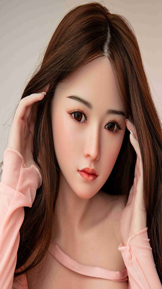 Asiatisk sexdocka, 135 cm, TPE-material, lång brun peruk, rosa topp; realistisk design.