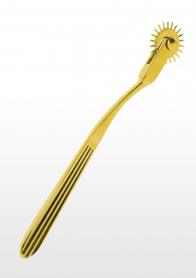 Guld Pinwheel 1-Hjul med ett texturerat handtag, utformat för att förbättra dina Stimulera-upplevelser mot en skarp vit bakgrund.