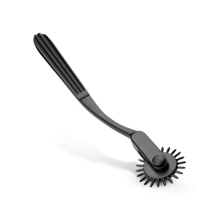 Aluminium Pinwheel Wartenberg har ett spikhjul och ett räfflat handtag, vilket ger praktisk och sensorisk stimulans mot en vit bakgrund.