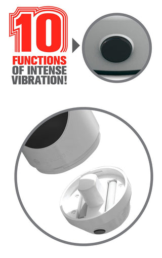 Lösvagina Med Vibration - 23 cm har en närbild från sidan av en vibrerande enhet med en knapp märkt "10 funktioner för intensiv vibration." Den är perfekt för alla som söker olika vibrationslägen och lovar en uppslukande, anpassningsbar upplevelse.