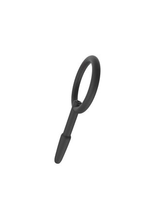 Ett elegant, svart föremål från Penisplug Set, med en långsträckt ögla design med en spetsig ände, vilar elegant på en vit bakgrund.