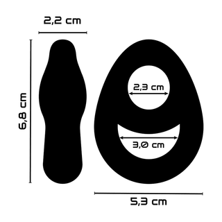 Siluett av abstrakta former som visar dimensioner i centimeter, tillverkad av kroppssäkert silikon, märkt som Power Ring Double Penisring.