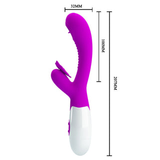 Pretty Love Moth är en lila dubbelverkande kaninvibrator med en böjd design för G-punktsstimulering, med en klitorisstimulator och mätetiketter för extra bekvämlighet.