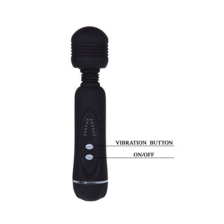 Den svarta handhållna Power Wand Flirtation Magic Wand har ett räfflat huvud och märkta kontrollknappar, vilket ger intensiva vibrationer för en lyxig upplevelse.
