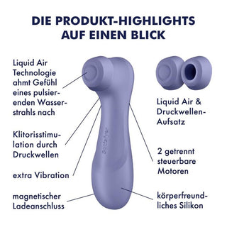 Satisfyer Pro 2 Generation 3 i blått erbjuder utbytbara tillbehör och demonstrerar sin förmåga på tyska som en lufttrycksvibrator, idealisk för klitorisstimulering, vilket säkerställer tillfredsställelse vid varje användning.