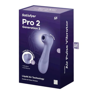 Satisfyer Pro 2 Generation 3, i snygg lila förpackning, har silikondesign och avancerad Liquid Air Technology för klitorisstimulering med sin innovativa lufttrycksvibrator.