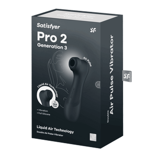 Satisfyer Pro 2 Next Generation 3 Connect kommer i kartong och har en svart luftpulsvibrator med Liquid Air Technology, som visar upp sin dubbla luftpulsfunktion och en hel silikonkropp.