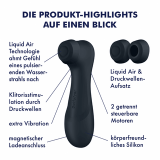 Bild på en svart Satisfyer Pro 2 Next Generation 3 Connect, med tyska texter. Funktioner inkluderar Liquid Air Technology, klitorisstimulering via tryckvågor, magnetisk laddning, dubbla motorer och tillbehör för flytande luft.