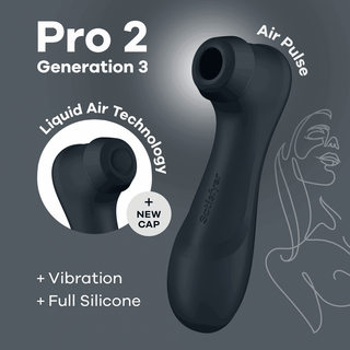 Satisfyer Pro 2 Next Generation 3 Connect, en mörkfärgad enhet, visar upp flytande luftteknik, luftpuls, vibrationer och full silikon. Bilden har en ny keps med en konstnärlig kontur av en kvinnas ansikte i bakgrunden.