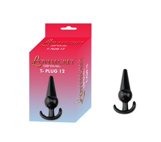 En liten svart T-Plug 12 Buttplug (12 cm) tillverkad av TPE-material, visad med sin röda och blå Lovesecret Sensual-förpackning, mot en vit bakgrund.