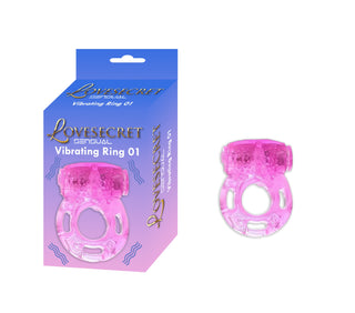 En rosa Vibrating Penisring 01 Rosa sitter bredvid sin blå och rosa LOVESECRET Sensual Vibrating Ring 01-förpackning.