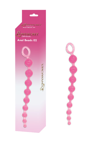 Analkulor LS24 30 cm: Rosa analpärlor av flexibelt material med ett öglehandtag, visas tillsammans med sin rosa Anal Beads 02-förpackning - perfekt för nybörjare som vill utforska nya sensationer.