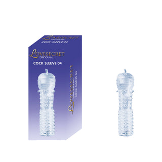 LS40 Ribbed Penissleeve, en transparent ribbad kukhylsa för vuxna leksaker, sitter bredvid sin lila LoveSecret-märkta förpackning.