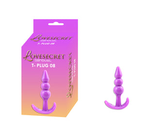 T-Plug 08 Buttplug 9 cm, tillverkad av nybörjarvänlig TPE, har lila pärlor och levereras i matchande Lovesecret Sensual-förpackning, visad på en vit bakgrund.