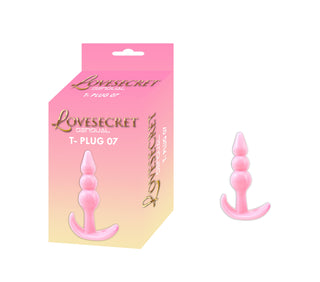 Rosa pärlbeströdd nybörjarvänlig analplugg i TPE, märkt T-Plug 08 Buttplug 9 cm, levereras i en rosa gradient LOVESECRET Sensual box.