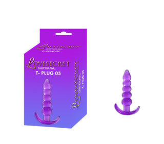 En lila analplugg med pärlor tillverkad av mjuk TPE, visad med sin förpackning märkt T-Plug 04 Buttplug 12 cm på en vit bakgrund.