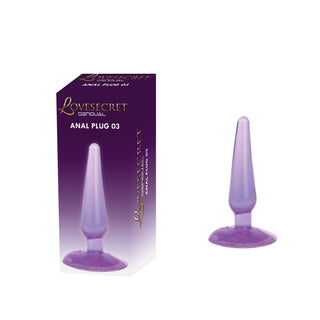 En lila analplugg för nybörjare tillverkad av kroppssäkert TPE sitter bredvid sin låda märkt Analplug 01 Sugpropp 11 cm på en vit bakgrund.