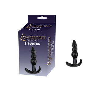 Svart, nybörjarvänlig analplugg i mjuk TPE, märkt T-Plug 08 Buttplug 9 cm, visad mot en vit bakgrund.