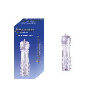 Transparent texturerad LS41 Ribbed Penissleeve bredvid sin blå LoveSecret Sensual Cock Sleeve 05-förpackning på vit bakgrund - en transparent, återanvändbar penissleeve.