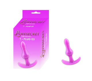 En rosa silikonbuttplugg, perfekt för nybörjare, kommer i en lila och rosa T-Plug 01 Buttplug 8 cm-förpackning - tillverkad av kroppssäkert material.
