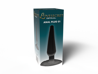 Låda märkt Analplug 01 Sugpropp 11 cm med bild av en svart analplugg på förpackningen, tillverkad av kroppssäkert TPE och idealisk för nybörjare.