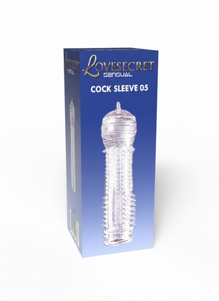 En blå låda märkt LS41 Ribbed Penissleeve har en bild av en transparent, texturerad, återanvändbar sexleksak på framsidan.