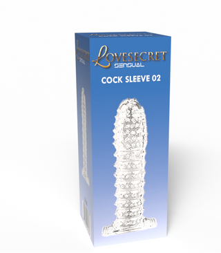 En blå låda märkt LS38 Ribbed Penissleeve visar en bild av en texturerad, ribbad penissleeve.