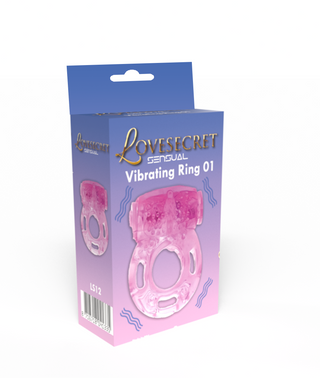 En lila låda märkt Vibrating Penisring 01 Rosa visar en bild av en rosa vibrerande ring, vilket gör den till den perfekta sexleksaken för par.