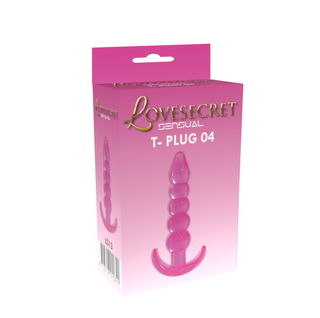 Rosa låda märkt T-Plug 04 Buttplug 12 cm, med foto av en rosa pärlbeströdd analplugg med snygg design, tillverkad av mjukt TPE-material.