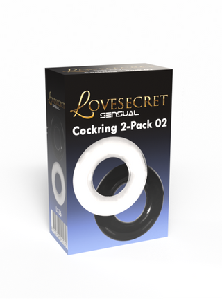En låda märkt Cockring Duo Clear/Black visar snygga svarta och klara penisringar på framsidan, perfekt för dem som letar efter trendiga och diskreta sex-tillbehör.