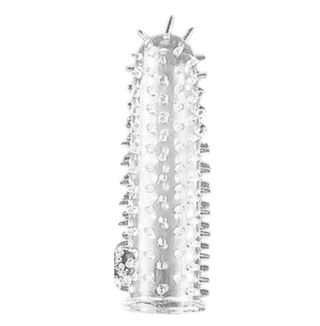 LS39 Ribbed Penissleeve, en klar texturerad hylsa med upphöjda bulor och små utsprång, står upprätt mot en vit bakgrund.