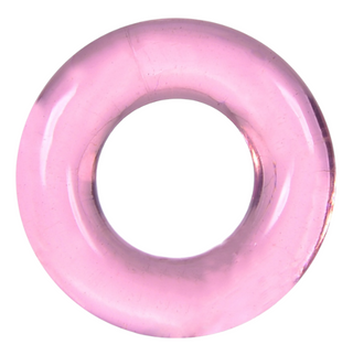 Cockring Duo Pink/Blue, en rund och genomskinlig rosa glasring med en slät, blank yta, visas mot en vit bakgrund.