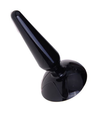 Analplug 01 Sugpropp 11 cm är en svart, konformad analplugg i kroppssäkert TPE med utvikt bas - perfekt för nybörjare och visas mot vit bakgrund.