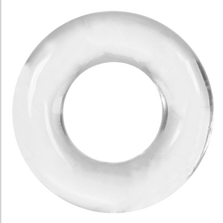 Cockring Duo Clear/Black, en rund penisring av glas med ett centralt hål, visas uppifrån mot en vit bakgrund.