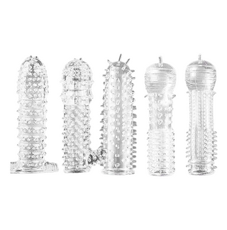 Fem LS37 Knottrig Penissleeve-produkter, var och en transparent med ett unikt texturerat mönster, är uppradade vertikalt. Varje återanvändbar hylsa har en distinkt upphöjd design för ökad känsla.