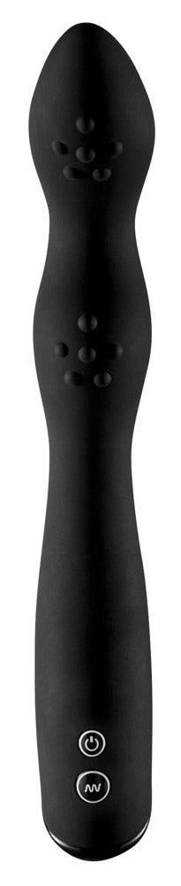 Rebel Prostata Vibrator - P-Spot 23,5 cm är en svart, elegant, multi-speed vibrerande massageapparat med en böjd design och handtagskontrollknappar för riktad P-punktsstimulering och en exceptionell upplevelse.