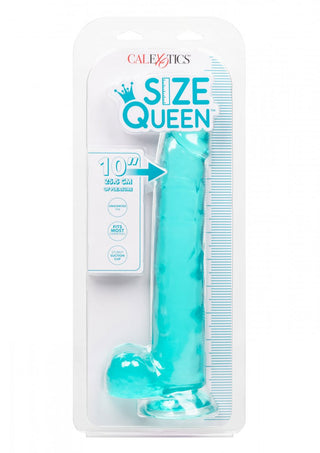 Queen Size Dildo 25 cm från CalExotics är en kricka 10-tums leksak för vuxna. Den kommer i vit förpackning med ett genomskinligt lock, med linjaldesign längs kanten.
