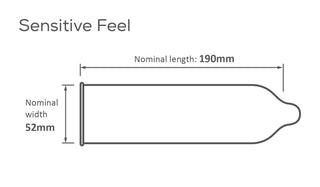 Illustration av en Pasante Feel-kondom som visar märkta mått: längd 190 mm, bredd 52 mm. Upplev en förbättrad, naturlig känsla med dessa ultratunna kondomer designade för överlägsen komfort. Finns i 12-pack.