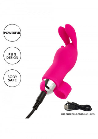 Fingervibratorn Med Öron - Rabbit är en USB-laddad, rosa kaninformad vibrator designad som en kraftfull och kroppssäker klitorisstimulator, idealisk för användare som söker nöje och säkerhet i en lekfull design.