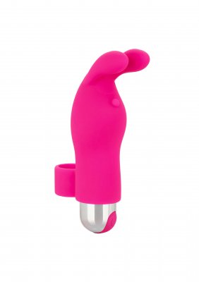 Fingervibrator Med Öron - Rabbit" är en rosa silikon fingervibrator med lekfulla kaninöron och en elegant metallisk bas.