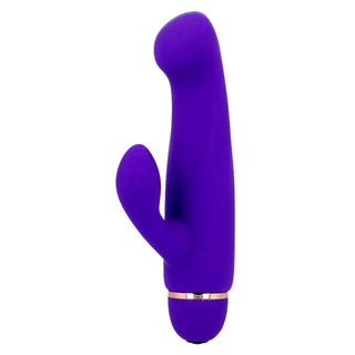 Boral Mini Rabbit Intense är en lila dubbelmotor vibrator med en böjd design, gjord av vattentät silikonmaterial med roséguldaccenter, visad på en vit bakgrund.