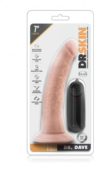 17 cm Vibratordildo har en realistisk design med en fjärrkontroll, märkt som DRSKIN och DR. DAVE. Den är vattentät, har en sugkoppsbas och är tillverkad av högkvalitativ PVC för en förbättrad upplevelse.