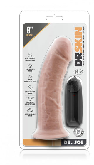 Dr Skin 19 cm Vibratordildo erbjuder säker förpackning och har en sugkopp och fjärrkontroll, vilket förbättrar dess bekvämlighet som en realistisk dildo.