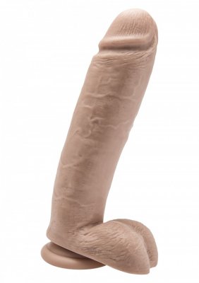 En Stor Dildo med sugpropp - 25 cm i en verklighetstrogen köttton visas upp mot en vit bakgrund.